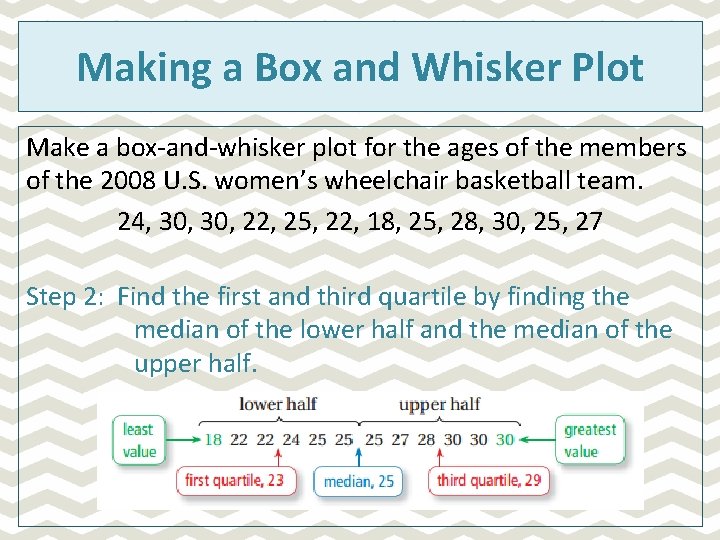 Making a Box and Whisker Plot Make a box-and-whisker plot for the ages of Making a Box and Whisker Plot Make a box-and-whisker plot for the ages of