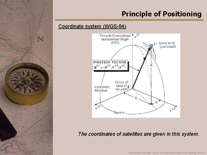 Principle of Positioning Coordinate system (WGS-84) The coordinates of satellites are given in this