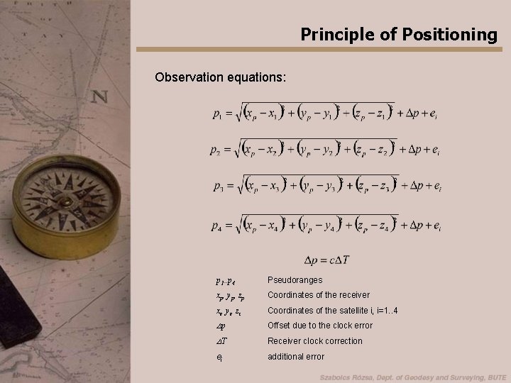 Principle of Positioning Observation equations: p 1. . p 4 Pseudoranges xp, yp, zp