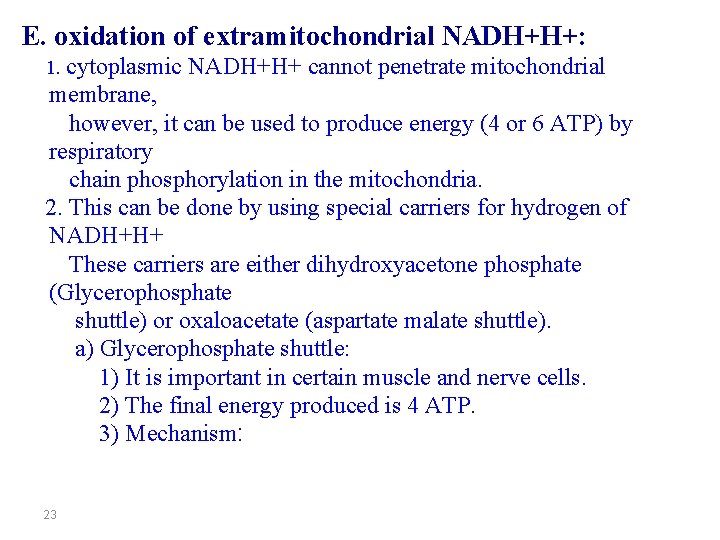 E. oxidation of extramitochondrial NADH+H+: 1. cytoplasmic NADH+H+ cannot penetrate mitochondrial membrane, however, it