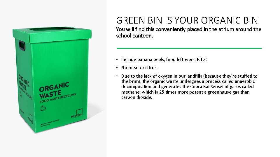 GREEN BIN IS YOUR ORGANIC BIN You will find this conveniently placed in the