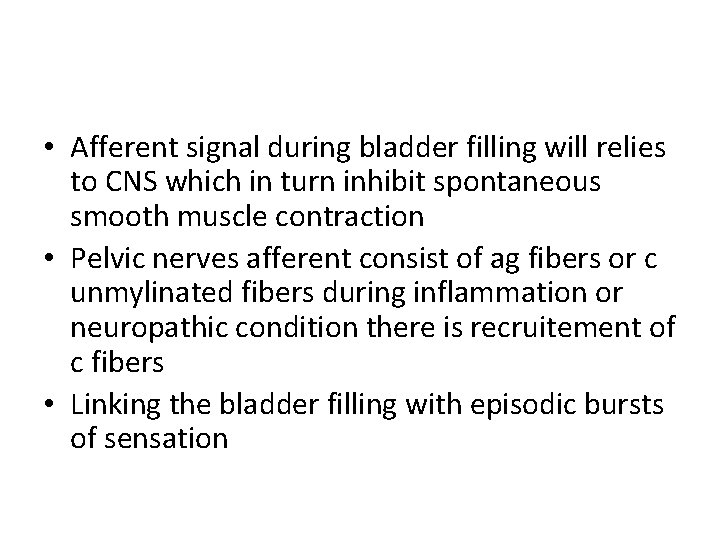  • Afferent signal during bladder filling will relies to CNS which in turn