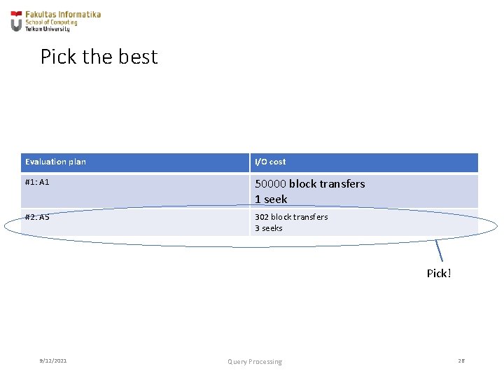 Pick the best Evaluation plan I/O cost #1: A 1 50000 block transfers 1