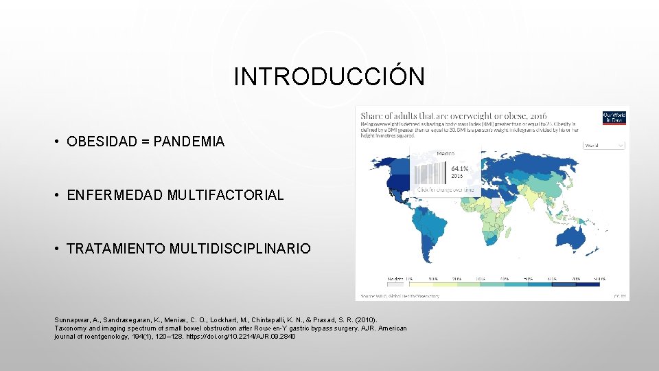 INTRODUCCIÓN • OBESIDAD = PANDEMIA • ENFERMEDAD MULTIFACTORIAL • TRATAMIENTO MULTIDISCIPLINARIO Sunnapwar, A. ,