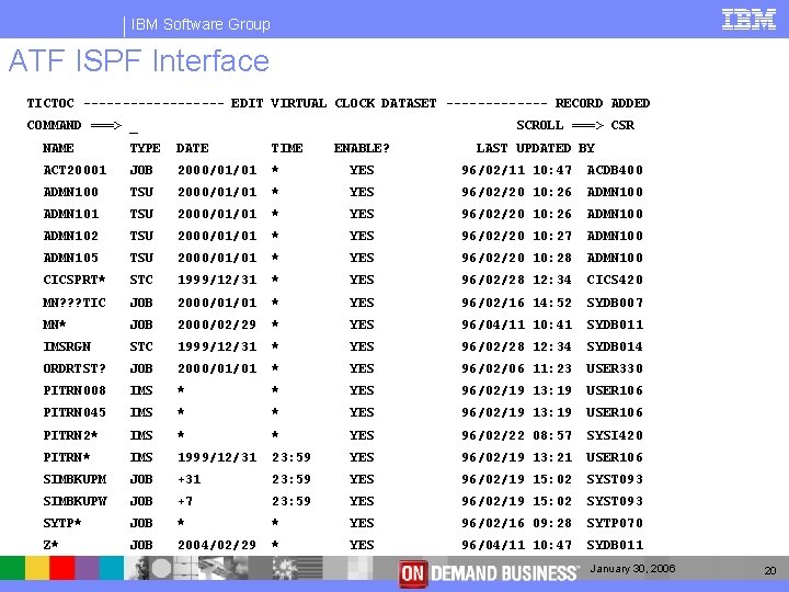 IBM Software Group ATF ISPF Interface TICTOC --------- EDIT VIRTUAL CLOCK DATASET ------- RECORD