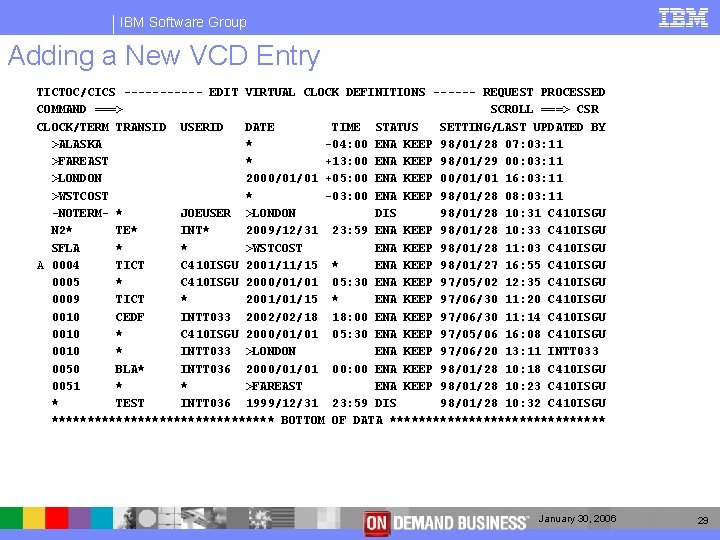 IBM Software Group Adding a New VCD Entry TICTOC/CICS ------ EDIT VIRTUAL CLOCK DEFINITIONS