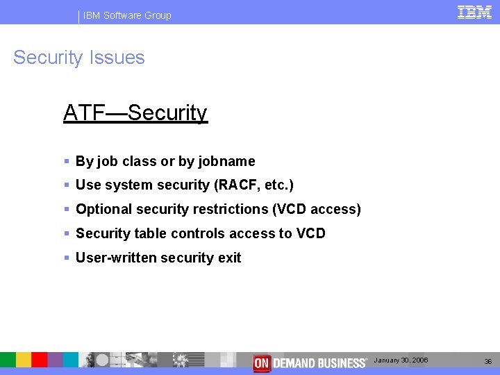 IBM Software Group Security Issues ATF—Security § By job class or by jobname §
