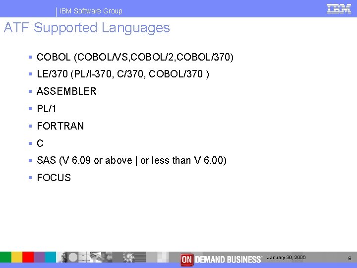 IBM Software Group ATF Supported Languages § COBOL (COBOL/VS, COBOL/2, COBOL/370) § LE/370 (PL/I-370,