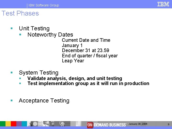IBM Software Group Test Phases § Unit Testing § Noteworthy Dates Current Date and