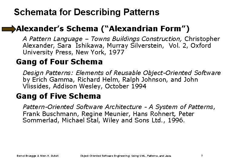 Schemata for Describing Patterns Alexander’s Schema (“Alexandrian Form”) A Pattern Language – Towns Buildings