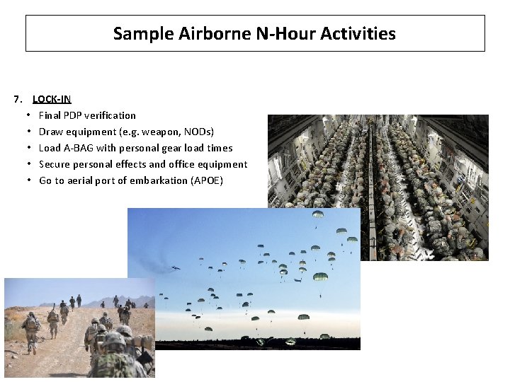 Sample Airborne N-Hour Activities 7. LOCK-IN • Final PDP verification • Draw equipment (e.