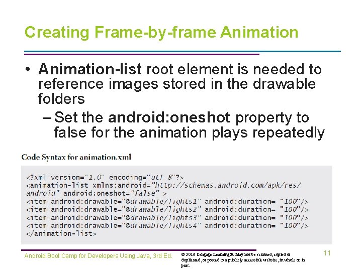 Creating Frame-by-frame Animation • Animation-list root element is needed to reference images stored in