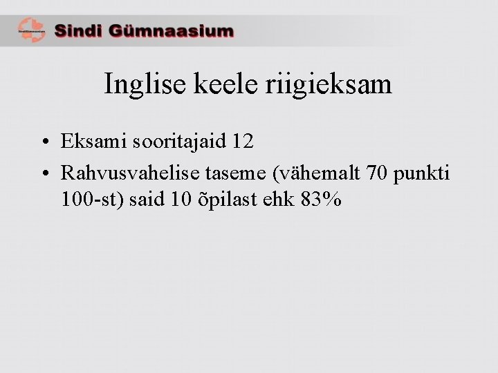 Inglise keele riigieksam • Eksami sooritajaid 12 • Rahvusvahelise taseme (vähemalt 70 punkti 100