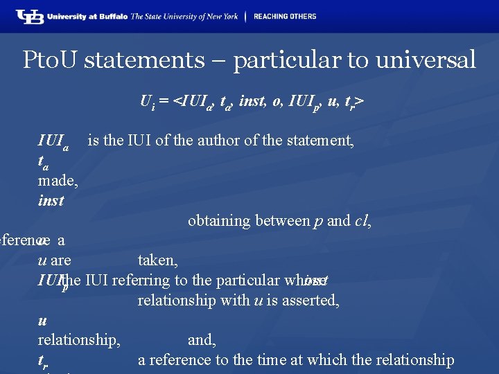 Pto. U statements – particular to universal Ui = <IUIa, ta, inst, o, IUIp,