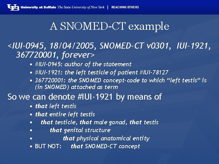 A SNOMED-CT example <IUI-0945, 18/04/2005, SNOMED-CT v 0301, IUI-1921, 367720001, forever> • #IUI-0945: author