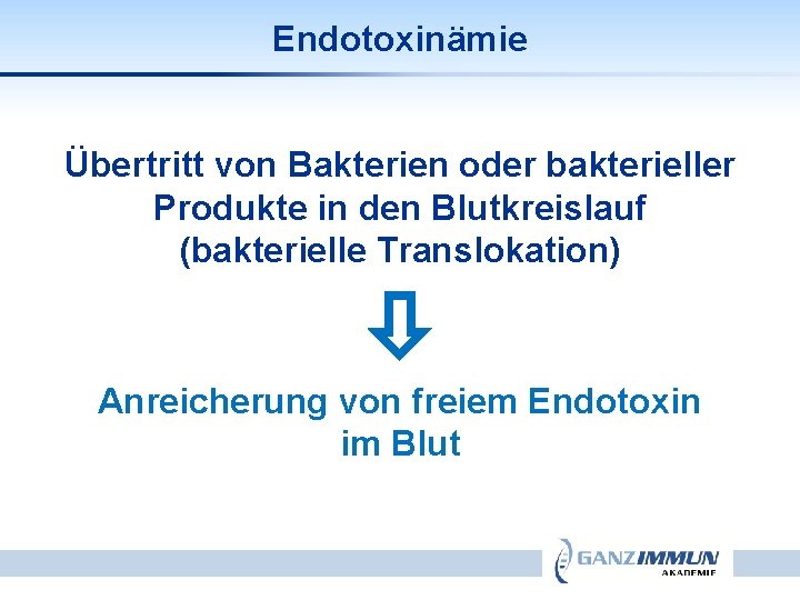 Endotoxinämie Übertritt von Bakterien oder bakterieller Produkte in den Blutkreislauf (bakterielle Translokation) Anreicherung von