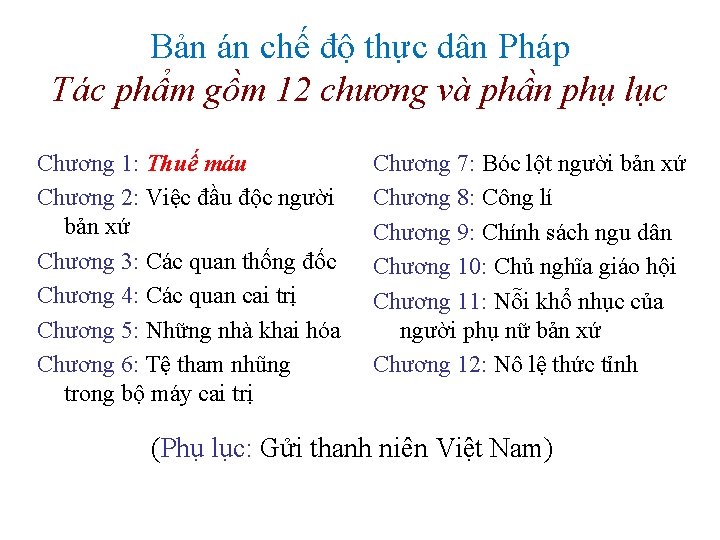 Bản án chế độ thực dân Pháp Tác phẩm gồm 12 chương và phần