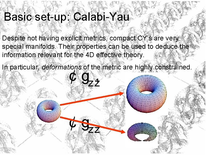 Basic set-up: Calabi-Yau Despite not having explicit metrics, compact CY’s are very special manifolds.