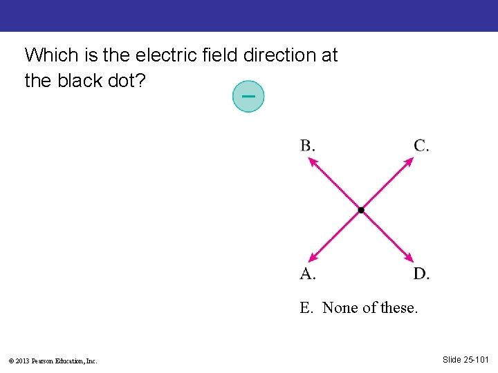 Which is the electric field direction at the black dot? E. None of these.