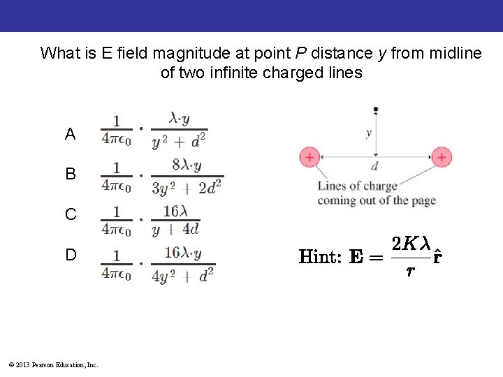 What is E field magnitude at point P distance y from midline of two