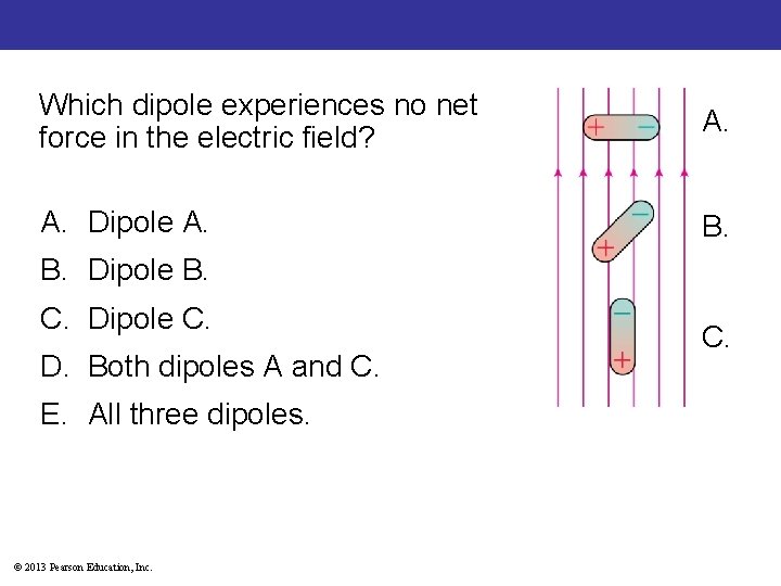 Which dipole experiences no net force in the electric field? A. Dipole A. B.