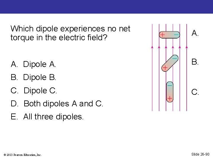 Which dipole experiences no net torque in the electric field? A. Dipole A. B.