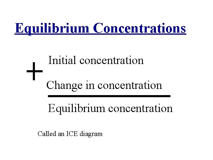 Equilibrium Concentrations Initial concentration Change in concentration Equilibrium concentration Called an ICE diagram 