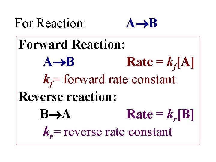 For Reaction: A B Forward Reaction: A B Rate = kf[A] kf= forward rate