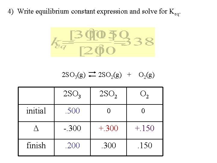 4) Write equilibrium constant expression and solve for Keq. 2 SO 3(g) 2 SO