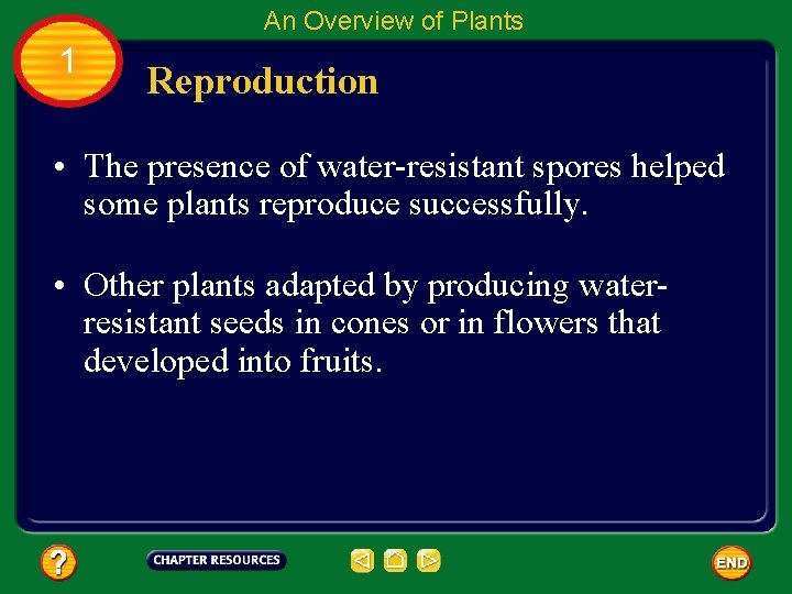 An Overview of Plants 1 Reproduction • The presence of water-resistant spores helped some