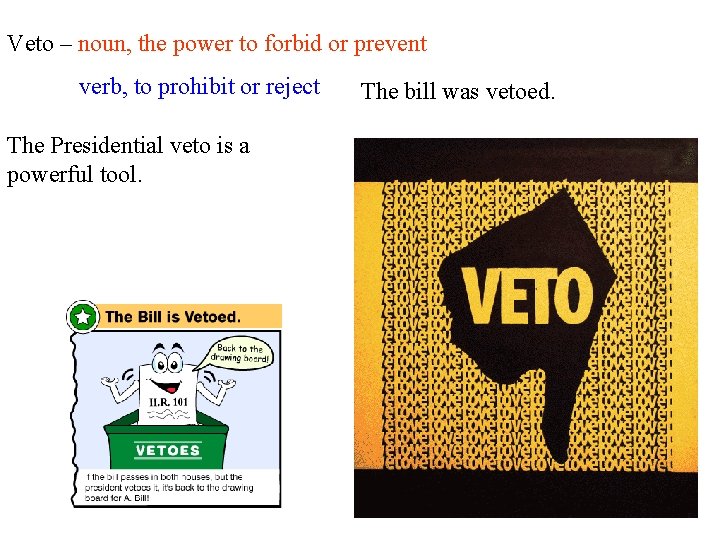 Veto – noun, the power to forbid or prevent verb, to prohibit or reject