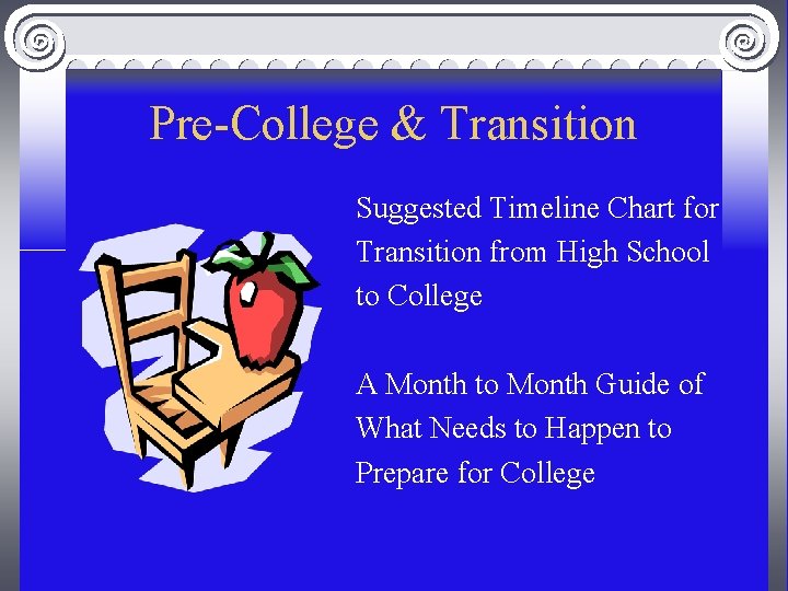 Pre-College & Transition Suggested Timeline Chart for Transition from High School to College A