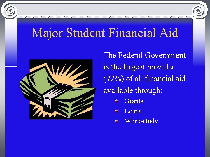 Major Student Financial Aid The Federal Government is the largest provider (72%) of all