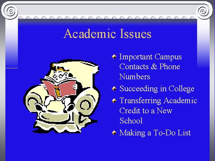 Academic Issues Important Campus Contacts & Phone Numbers Succeeding in College Transferring Academic Credit