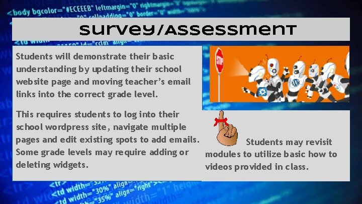 Survey/Assessment Students will demonstrate their basic understanding by updating their school website page and