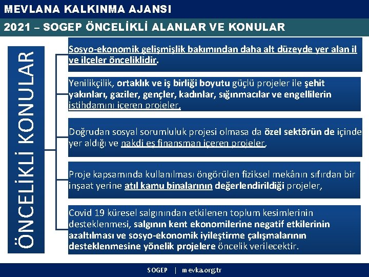 MEVLANA KALKINMA AJANSI ÖNCELİKLİ KONULAR 2021 – SOGEP ÖNCELİKLİ ALANLAR VE KONULAR Sosyo-ekonomik gelişmişlik