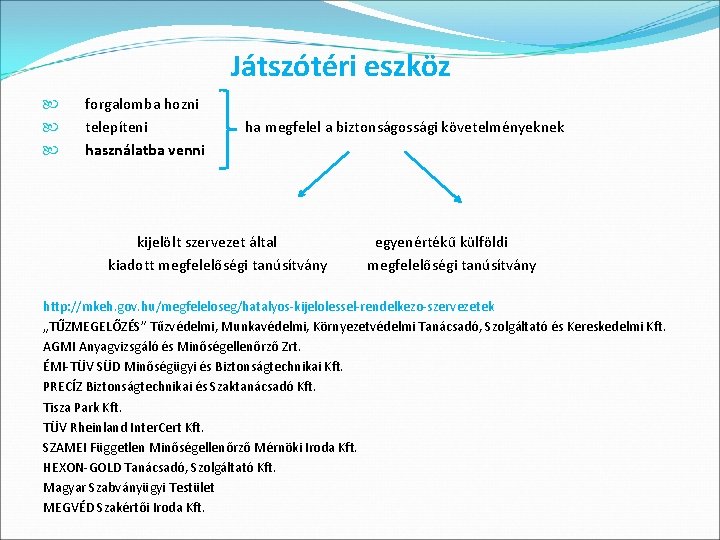 Játszótéri eszköz forgalomba hozni telepíteni használatba venni ha megfelel a biztonságossági követelményeknek kijelölt szervezet