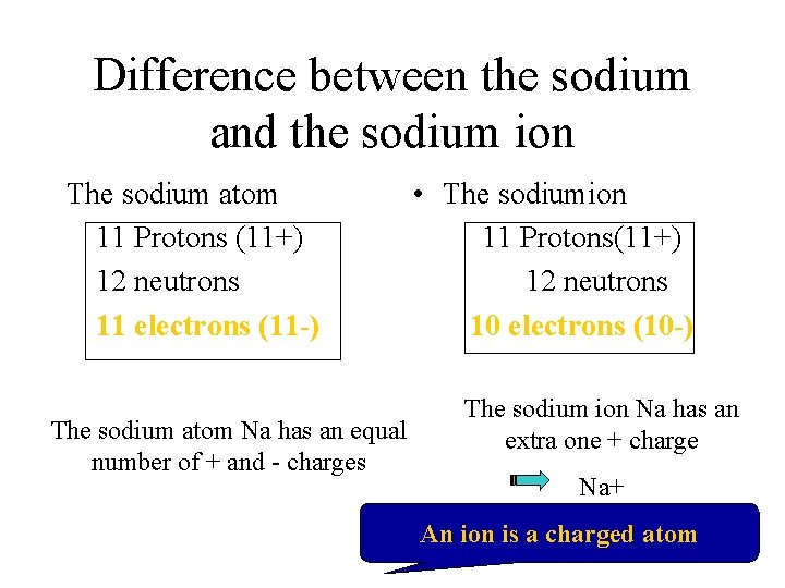 Difference between the sodium and the sodium ion The sodium atom 11 Protons (11+)