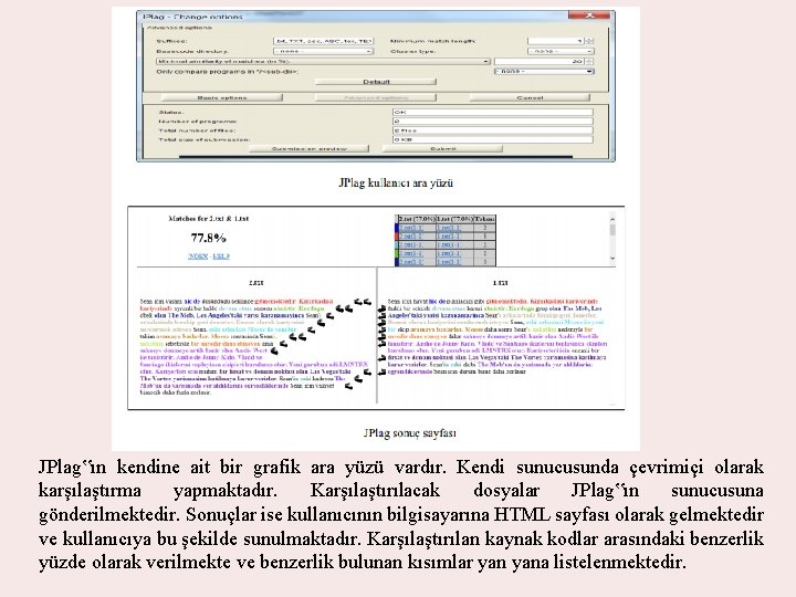 JPlag‟ın kendine ait bir grafik ara yüzü vardır. Kendi sunucusunda çevrimiçi olarak karşılaştırma yapmaktadır.