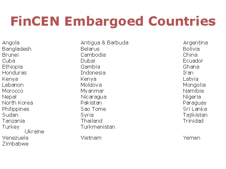 Fin. CEN Embargoed Countries Angola Bangladesh Brunei Cuba Ethiopia Honduras Kenya Lebanon Morocco Nepal