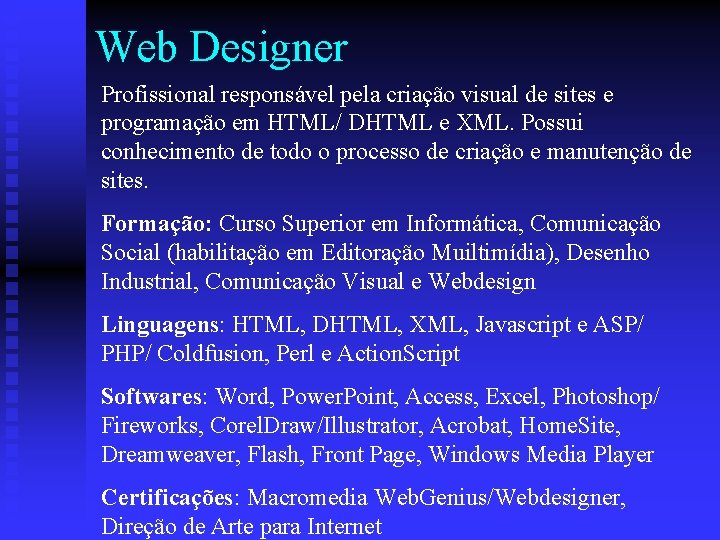 Web Designer Profissional responsável pela criação visual de sites e programação em HTML/ DHTML