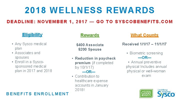 2018 WELLNESS REWARDS DEADLINE: NOVEMBER 1, 2017 — GO TO SYSCOBENEFITS. COM Eligibility Rewards