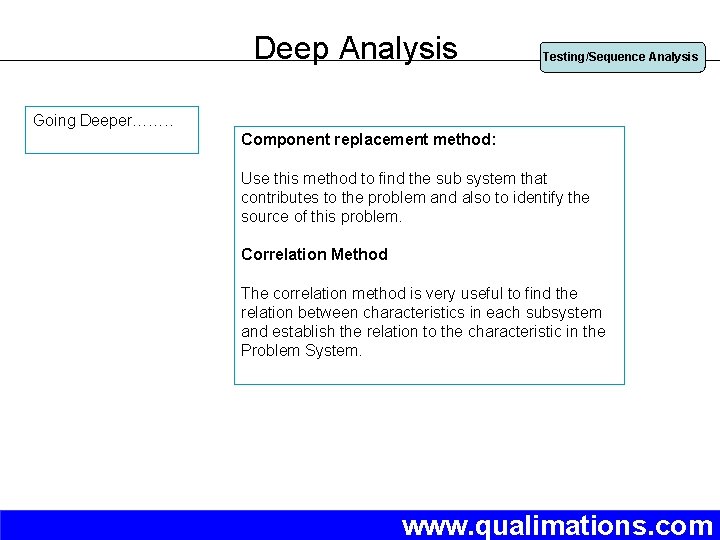 Deep Analysis Testing/Sequence Analysis Going Deeper……. . Component replacement method: Use this method to