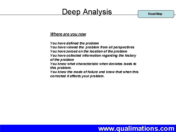 Deep Analysis Road Map Where are you now You have defined the problem You