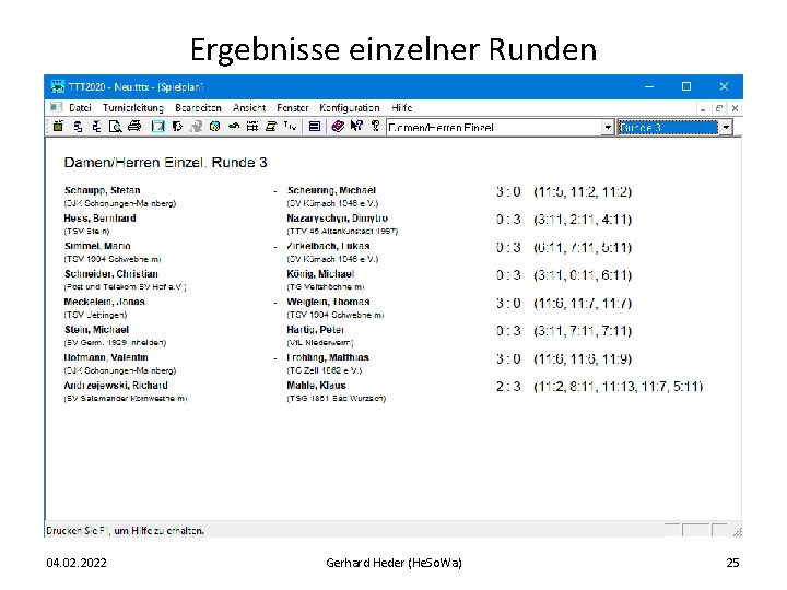 Ergebnisse einzelner Runden 04. 02. 2022 Gerhard Heder (He. So. Wa) 25 