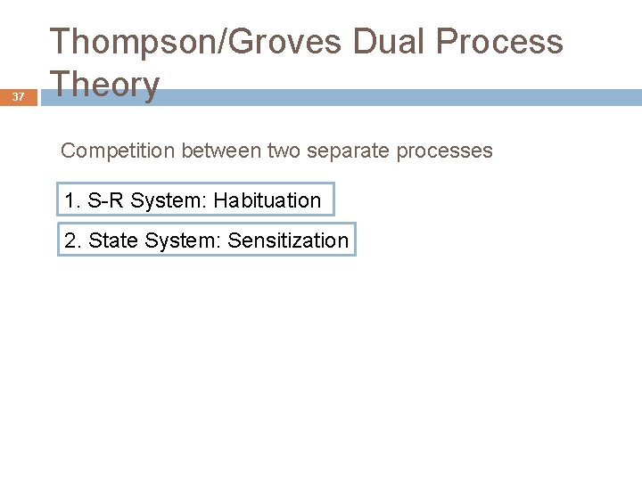 37 Thompson/Groves Dual Process Theory Competition between two separate processes 1. S-R System: Habituation