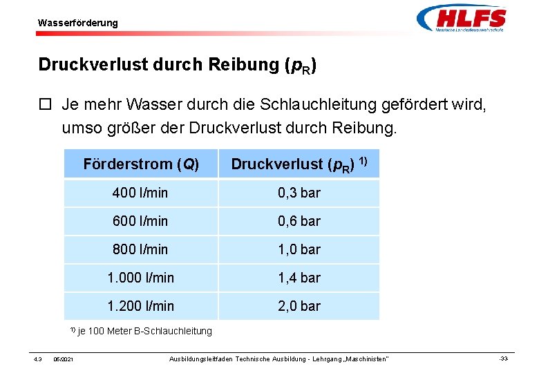 Wasserförderung Druckverlust durch Reibung (p. R) ¨ Je mehr Wasser durch die Schlauchleitung gefördert