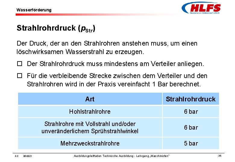 Wasserförderung Strahlrohrdruck (p. Str) Der Druck, der an den Strahlrohren anstehen muss, um einen