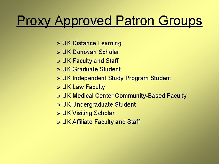 Proxy Approved Patron Groups » » » » » UK Distance Learning UK Donovan