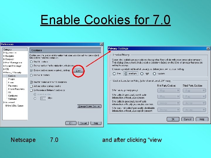 Enable Cookies for 7. 0 Netscape 7. 0 and after clicking “view 